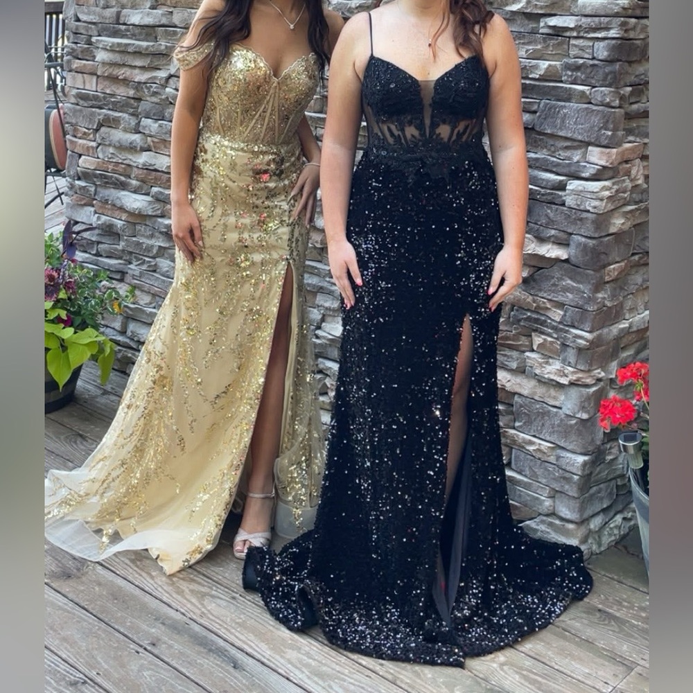 Elegant Black Sequin Evening Gown with Sheer Bodice